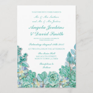 Invitation Succulents Floral Mariage Rustique Blanc Turquoise