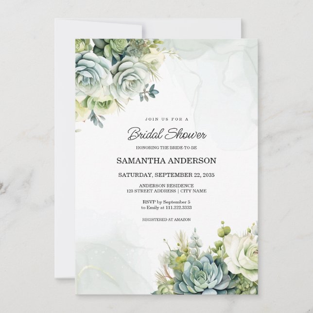 Invitation Succulents, roses blanches et Fête des mariées ver (Devant)