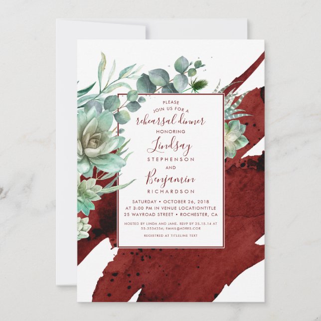 Invitation Succulents Verdure Bourgogne Repas Rouge Dîner de  (Devant)
