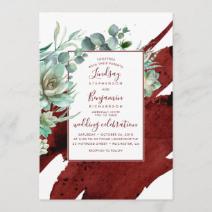 Invitation Succulents Verdure Bourgogne Rouge Mariage moderne