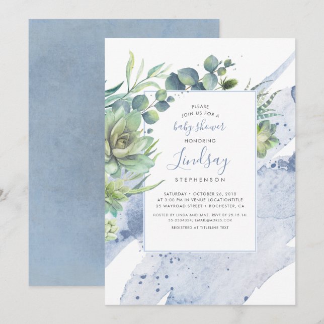 Invitation Succulents Verdure Dusty Baby shower bleu (Devant / Derrière)