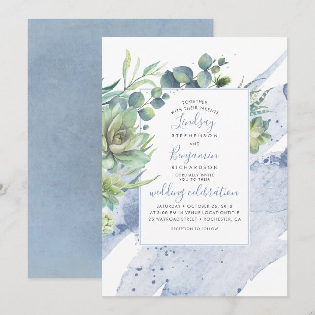 Invitation Succulents Verdure Dusty Bleu Élégant Mariage (Devant / Derrière)