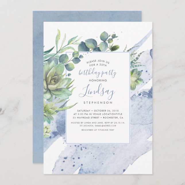 Invitation Succulents Verdure Dusty Blue Anniversaire (Devant / Derrière)