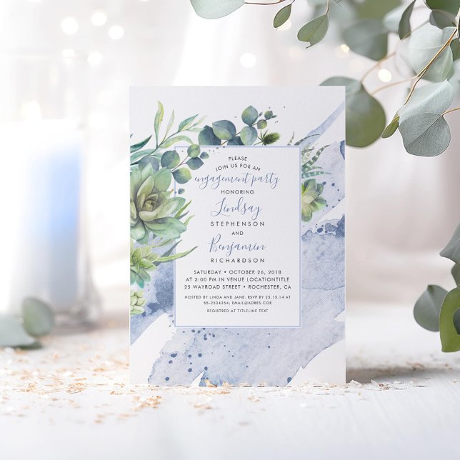 Invitation Succulents Verdure Dusty Blue Engagement Party (Dusty Blue Greenery Engagement Party Invitations)