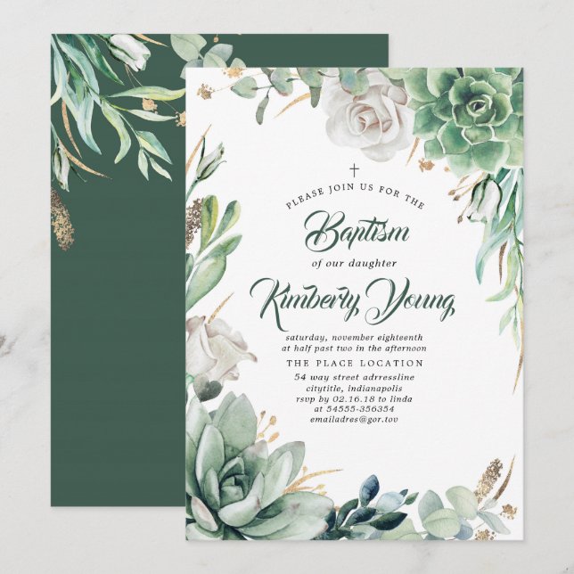Invitation Succulents Verdure et Rose blanche Baptême (Devant / Derrière)