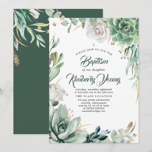 Invitation Succulents Verdure et Rose blanche Baptême
