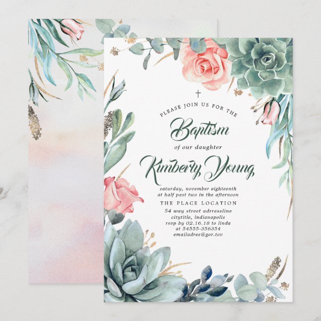 Invitation Succulents Verdure et Rose Rose Fille Baptême (Devant / Derrière)