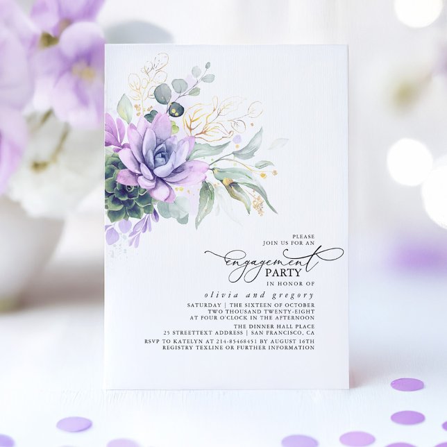 Invitation Succulents Verdure Gold Feuilles Partie I (Purple Boho Engagement Party Invitation)