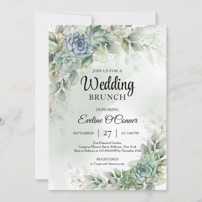 Invitation Succulents verts et brunch mariage à l'eucalyptus (Devant)