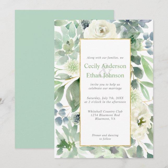 Invitation Succulents verts pâles et fleurs blanches Mariage  (Devant / Derrière)