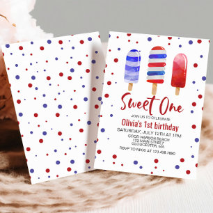Invitation Sucettes glacées Sweet One Rouge Blanc Bleu 1er An