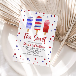 Invitation Sucettes glacées Two Sweet Rouge Blanc Bleu 2e ann