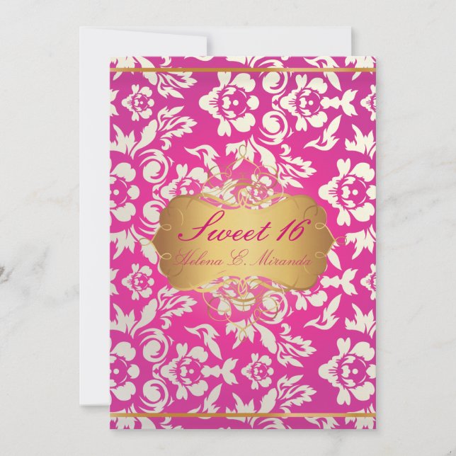 Invitation Sucré 16/ princesse/perle damassé/rose (Devant)