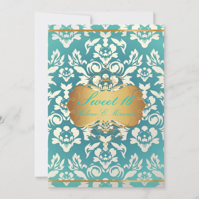Invitation Sucré 16/ princesse/poire damassé/turquoise (Devant)