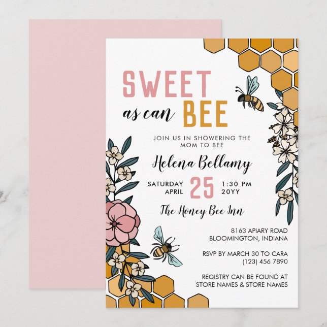 Invitation Sucré comme peut Abee Baby shower de miel floral r (Devant / Derrière)