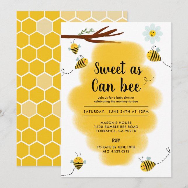 Invitation Sucré Comme Peut Être Bumble Baby shower Abeille (Devant / Derrière)
