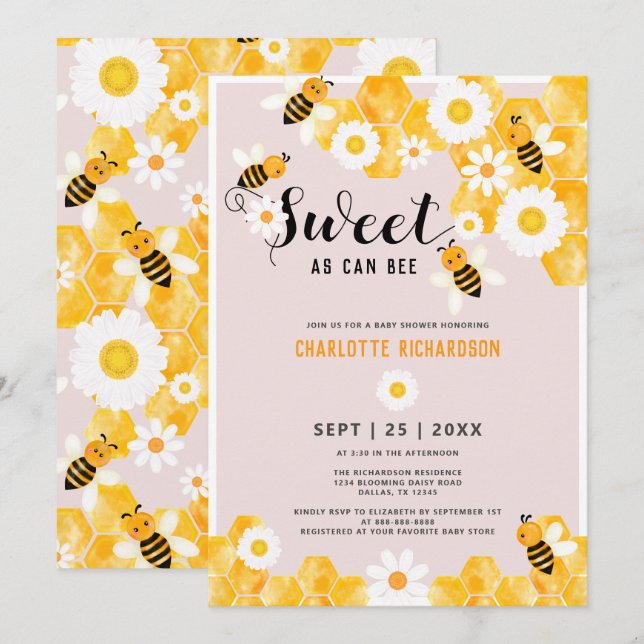 Invitation Sucré Comme Peut Être Joli Miel Jaune Baby shower  (Devant / Derrière)