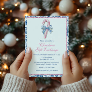Invitation Sucre de canne de Noël en toile bleu et rose