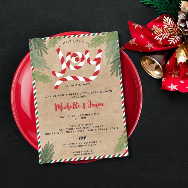 Invitation Sucre de canne de Noël rouge rustique Baby shower  (Créateur téléchargé)