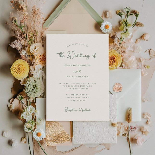 Invitation Sucré et capricieux | Mariage ivoire et sel vert (An elegant and simple ivory cream wedding invitation with sage green text)