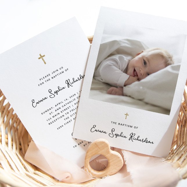 Invitation Sucré et capricieux | Photo et Gold Cross Baptism (A sweet and whimsical Baptism invitation with a photo and a gold cross)