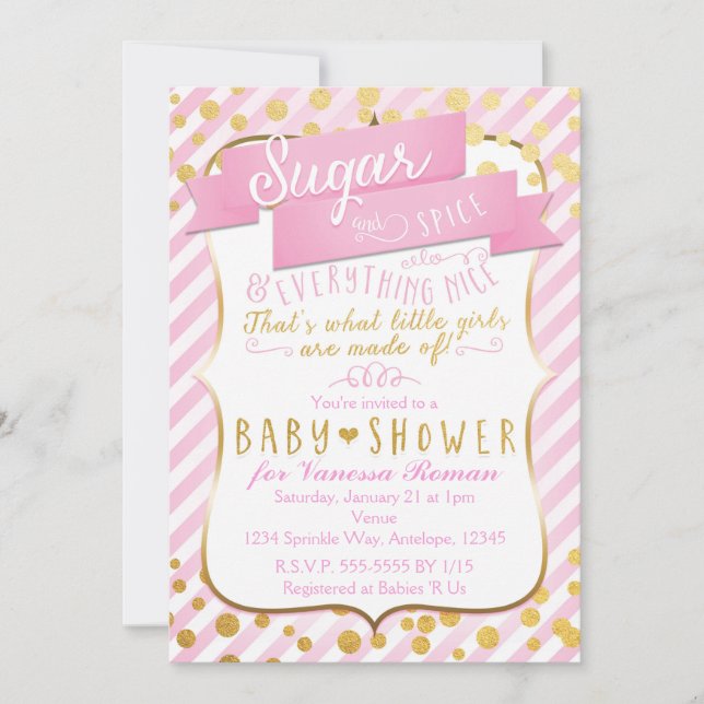 Invitation Sucre et épices rose et Baby shower d'or Invitatio (Devant)