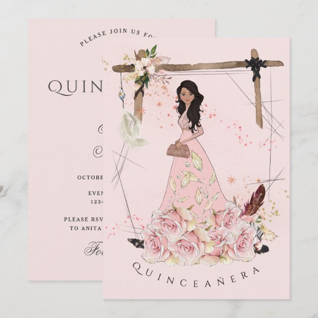Invitation Sucre rose Boho Beauté Quinceañera (Devant / Derrière)