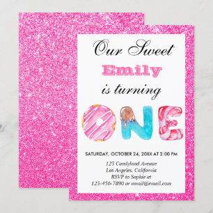 Invitation Sucreries rose pailleté premier anniversaire