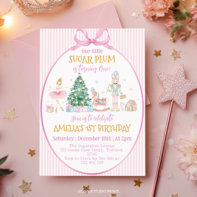 Invitation Sugar Plum Christmas Nutcracker Pink Bow Birthday (Créateur téléchargé)