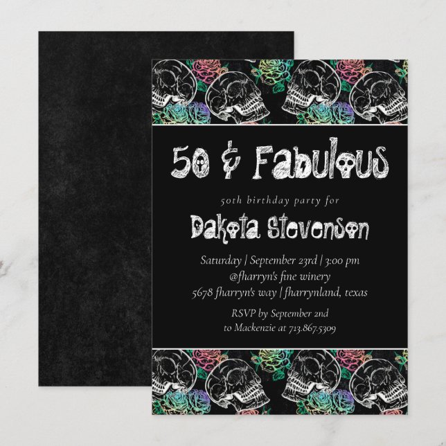 Invitation Sugar Skull Pastel Roses | Ombre 50e anniversaire (Devant / Derrière)