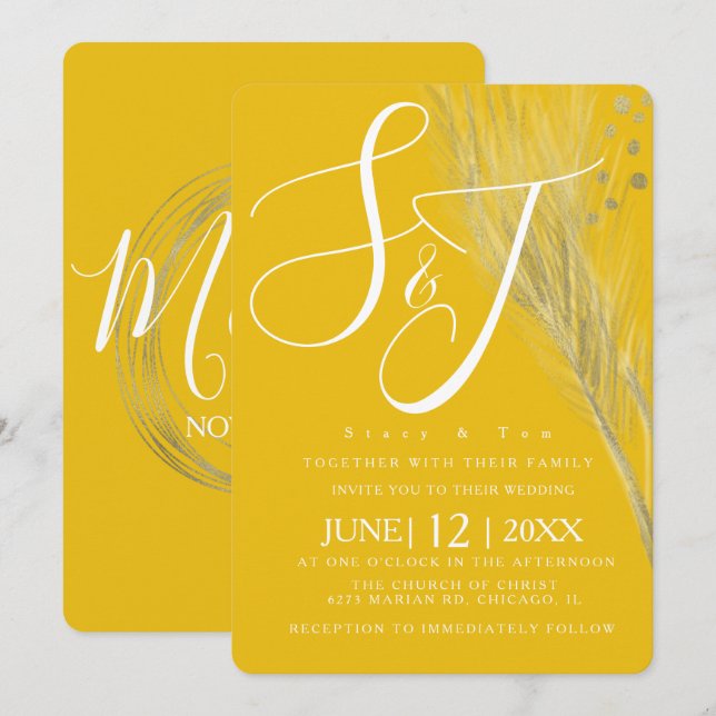 Invitation Suite de Mariage de Pampas en or jaune moutarde gr (Devant / Derrière)
