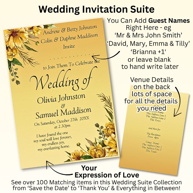 Invitation Suite Mariage de fleurs jaunes dorées (Créateur téléchargé)