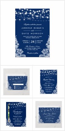 Invitation Suite: Navy Blue String Lights Lace