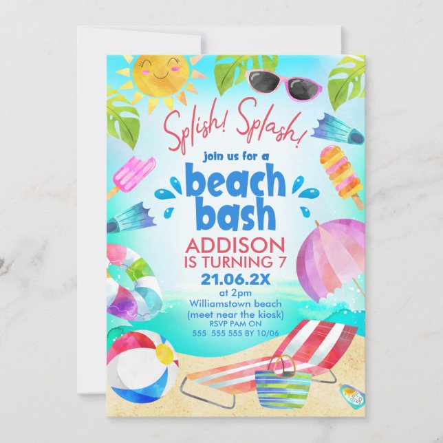 Invitation Summer Beach Scène Girls Beach Bash Anniversaire (Devant)