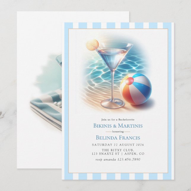 Invitation Summer Bikinis & Martinis Bachelorette Party (Devant / Derrière)