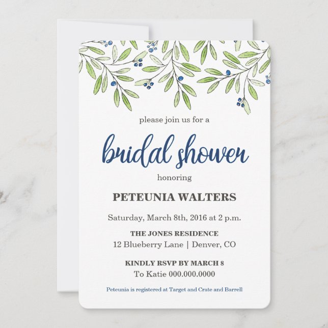 Invitation Summer Blueberry Foliage Nuptiale Douche Invitatio (Devant)