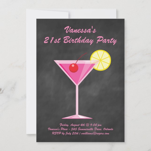 Invitation Summer Chalkboard & Pink 21e fête d'anniversaire (Devant)