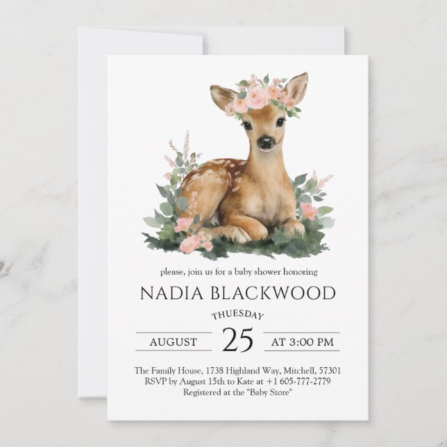 Invitation Summer Fawn Watercolor Baby Shower (Devant)