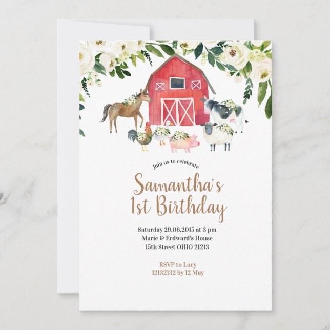 Invitation Summer Girl Floral Farm 1er anniversaire Invitatio (Devant)