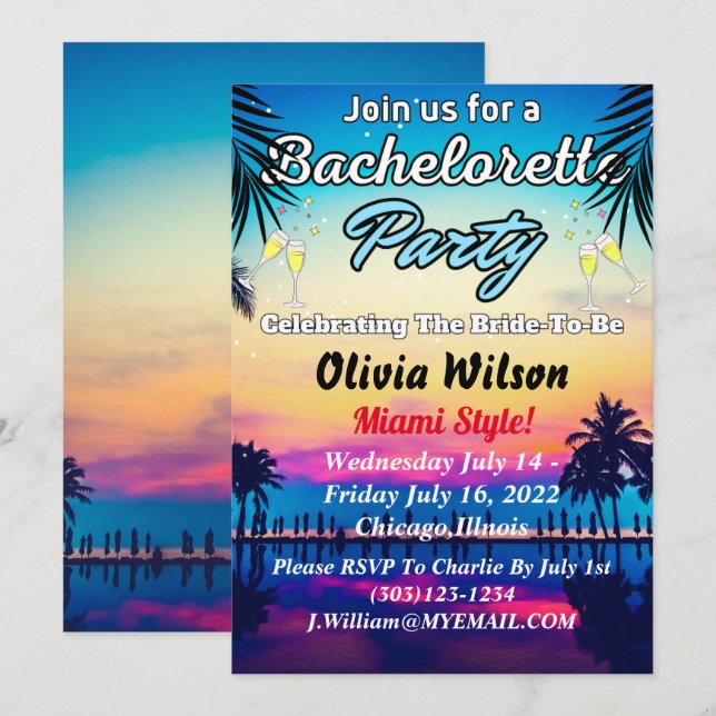 Invitation Summer Miami Weekend Beach Bachelorte Party (Devant / Derrière)