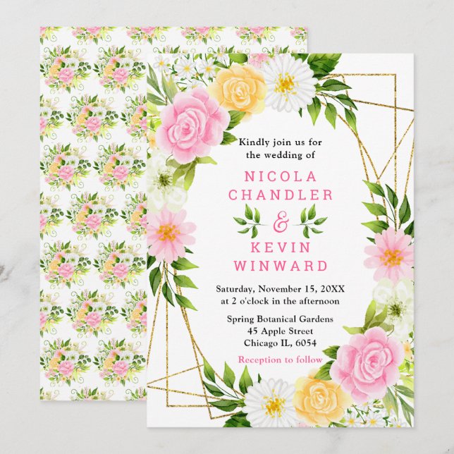 Invitation Summer Pink and Yellow Flowers and Foliage Wedding (Devant / Derrière)