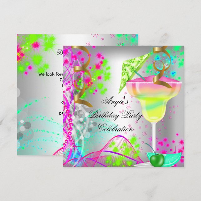 Invitation Summer Pink Anniversaire Fête Cocktail coloré (Devant / Derrière)