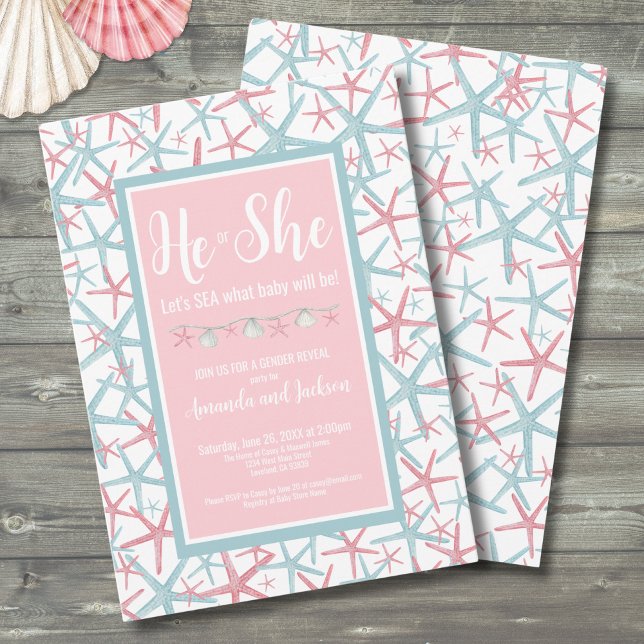 Invitation Summer Pink Blue He She She Gender Revevevela Part (Summer Boy Girl Beach He She Gender Reveal Party Invitation)