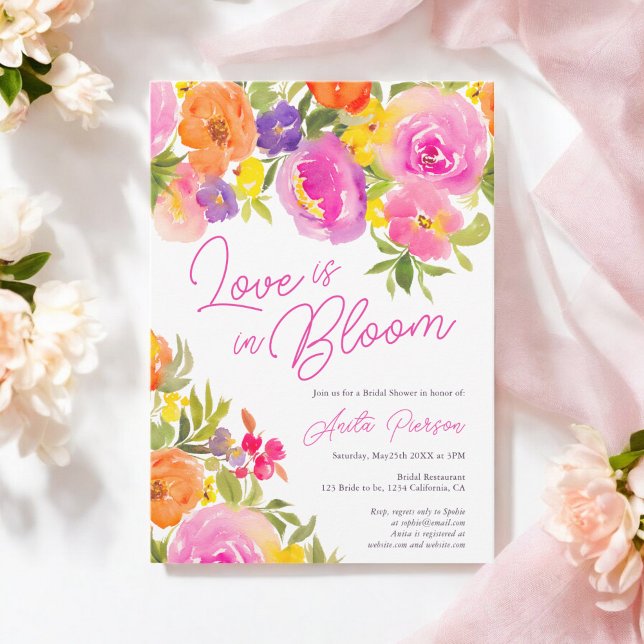 Invitation Summer Pink Gras aquarelle fleurie douche nuptiale (Summer Pink Bold floral watercolor bridal shower Invitation)