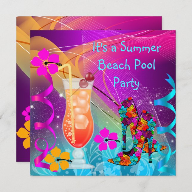 Invitation Summer Pink Turquoise Beach Pool Cocktail Party 3 (Devant / Derrière)