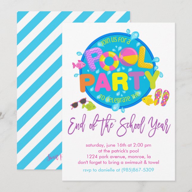 Invitation Summer Pool Party, Fin de l'année scolaire (Devant / Derrière)