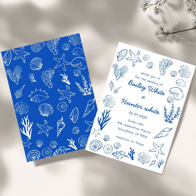 Invitation Summer Seashells Frame Beach Wedding Blue  (Créateur téléchargé)