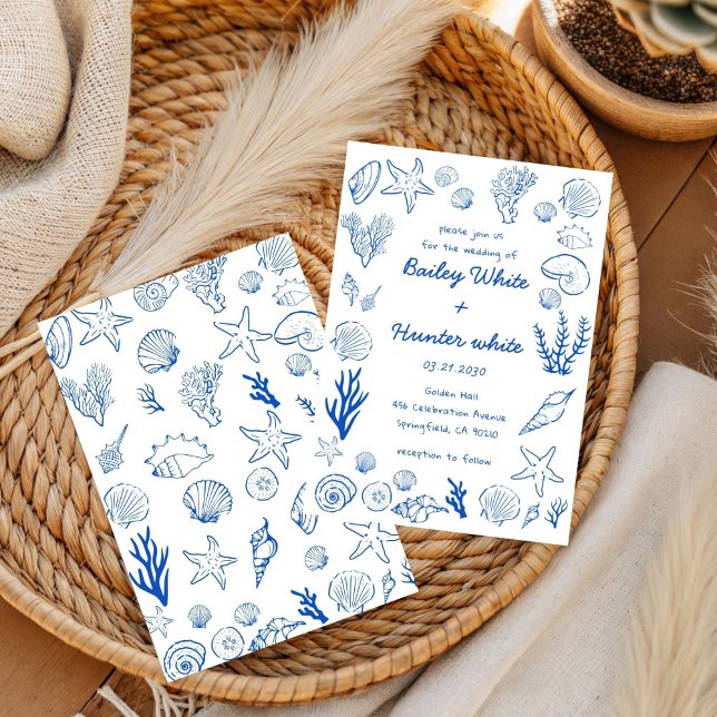 Invitation Summer Seashells Frame Beach Wedding Blue  (Créateur téléchargé)