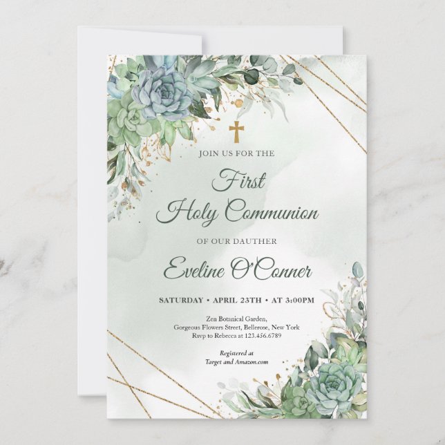 Invitation Summer succulents eucalyptus greenery gold Baptism (Devant)