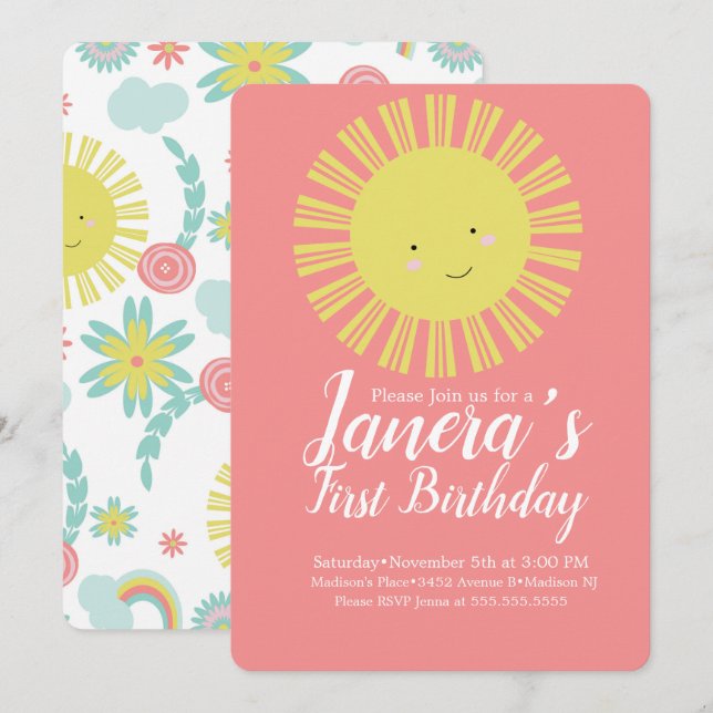 Invitation Summer Sunshine Floral Sun Girls Anniversaire (Devant / Derrière)